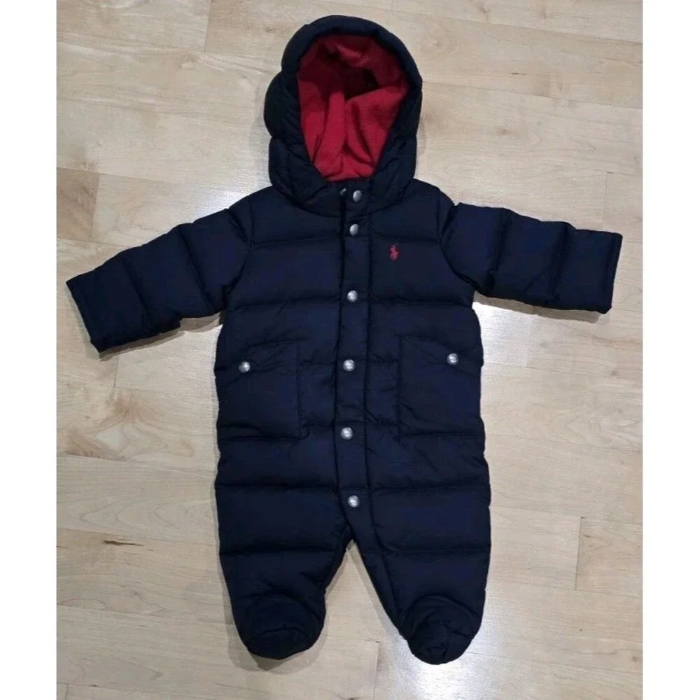 Ralph Lauren Navy Puffer One-Piece with Red Hood Lining